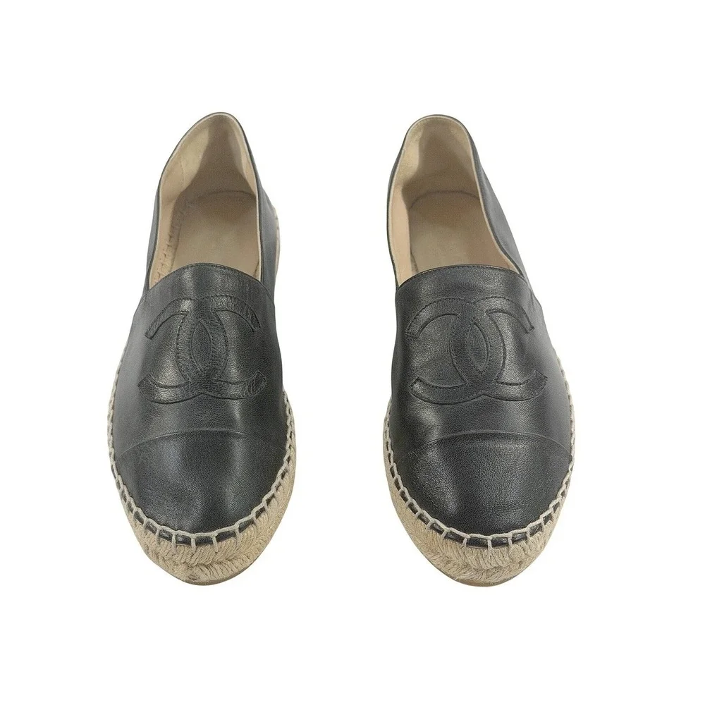 CHANEL Lambskin Espadrilles Black CC 37 Auth New w/o Box Leather Flats Slip-On